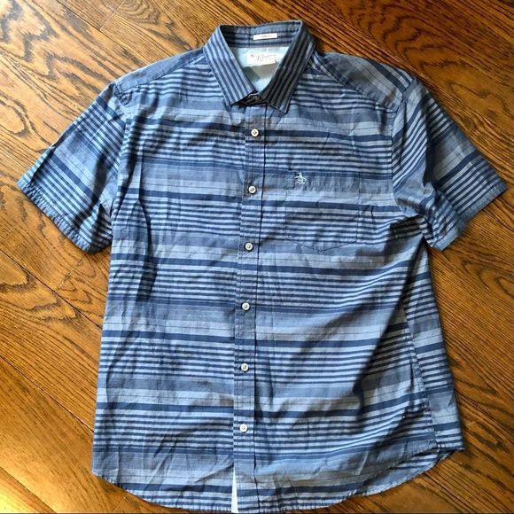 ORIGINAL PENGUIN Blue Striped Short Sleeve Button Down Shirt - Picture 2 of 6